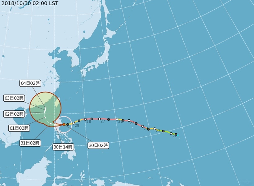 中央氣象局預報員林定宜表示,隨著玉兔颱風登陸菲律賓呂宋島,東北季風及颱風外圍環流影響下,30日下午過後北部及東半部降雨機率逐漸提升。(圖取自中央氣象局網頁cwb.gov.tw)
