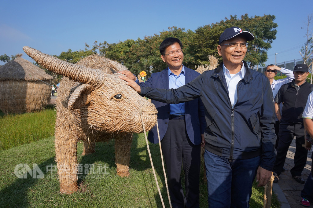 前行政院長游錫堃(前右)7日在台中市長林佳龍(前左)等人陪同下前往參觀台中花博外埔園區,他看到廣場上水牛裝置藝術,有「水牛伯」之稱的他也上前開心撫摸牛頭。中央社記者趙麗妍攝 107年11月7日