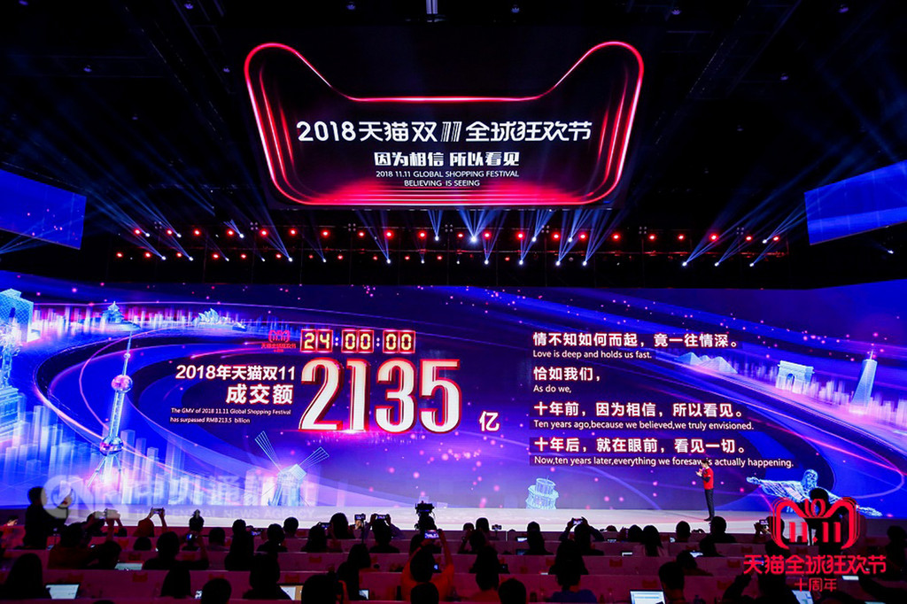 中國雙11購物節落幕,電商業者紛紛宣布今年業績再創新高,但12日公布的網路監測報告指出,54.5%受訪的大陸網民認為業者的銷售數據灌水造假。圖為天貓雙11全球狂歡節顯示破記錄的人民幣2135億元成交額。(取自阿里巴巴新聞官網)中央社 107年11月14日