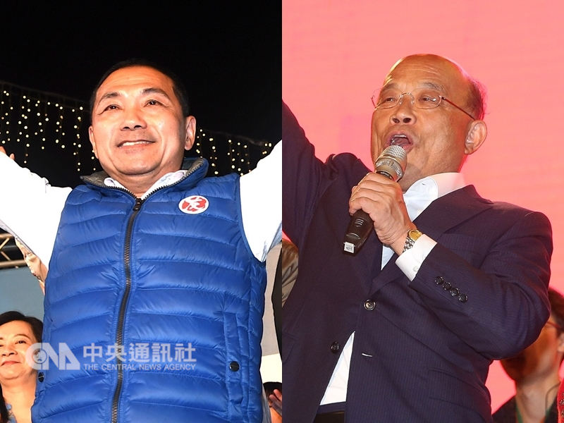 2018九合一選舉及公投24日投開票,國民黨新北市長候選人侯友宜(左)宣布當選,民進黨新北市長候選人蘇貞昌宣布敗選。中央社記者孫仲達、謝佳璋攝 107年11月24日