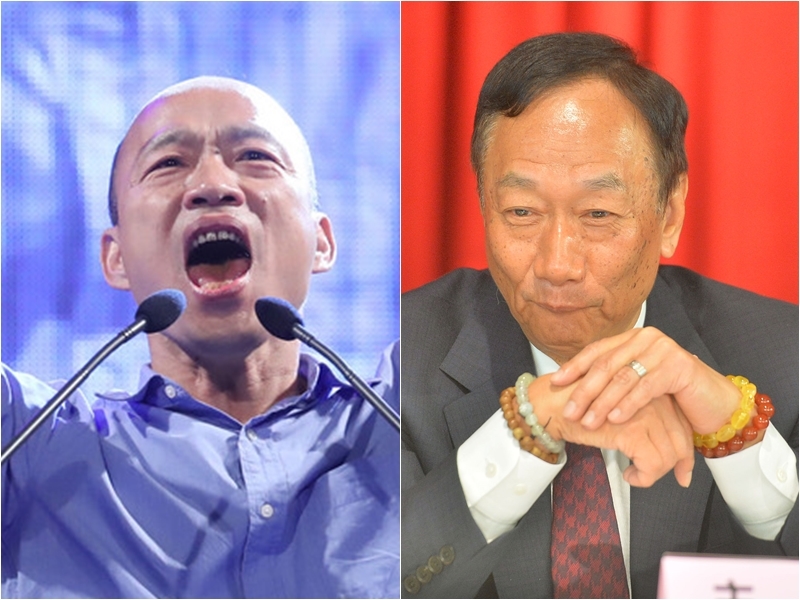 韓國瑜(左)和鴻海董事長郭台銘通電話,力邀投資高雄。(中央社檔案照片)
