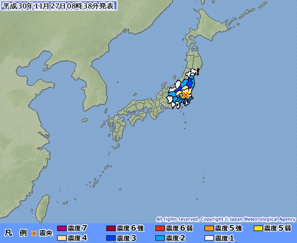 日本27日上午8時33分左右發生一起震央位於茨城縣南部的有感地震,深度約50公里,推估地震規模5.0。(圖取自日本氣象廳網頁www.jma.go.jp)