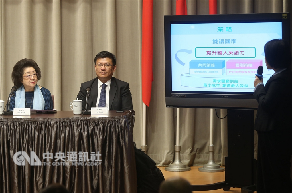 行政院會後記者會6日在行政院新聞中心舉行,國發會簡報「2030雙語國家政策發展藍圖」,教育部次長范巽綠(左)出席。中央社記者鄭傑文攝 107年12月6日