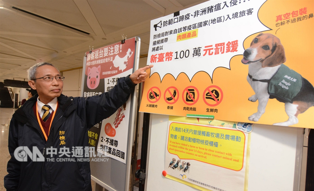 新修正的動物傳染病防治條例14日生效,為防範非洲豬瘟疫情擴散到台灣,自疫區攜入豬肉及豬肉製品者,將裁處新台幣5萬元以上、100萬元以下罰鍰。中央社記者邱俊欽桃園機場攝 107年12月14日