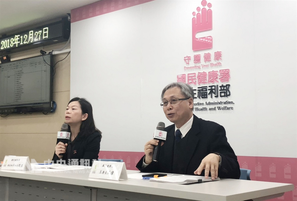 國健署長王英偉(右)27日公布最新10大癌症排行,多數癌症發生率都下降,但肺癌、攝護腺癌、甲狀腺癌卻不減反增,尤其女性肺癌增加最明顯,可能和女性健檢意願提高有關。中央社記者張茗喧攝 107年12月27日