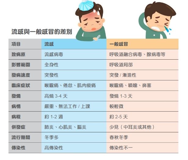 流感與一般感冒差別在於流感會出現高燒38.5度以上、全身肌肉痠痛、少有流鼻水、乾咳等症狀，一般感冒少有高燒。（圖取自衛福部疾管署網頁cdc.gov.tw）