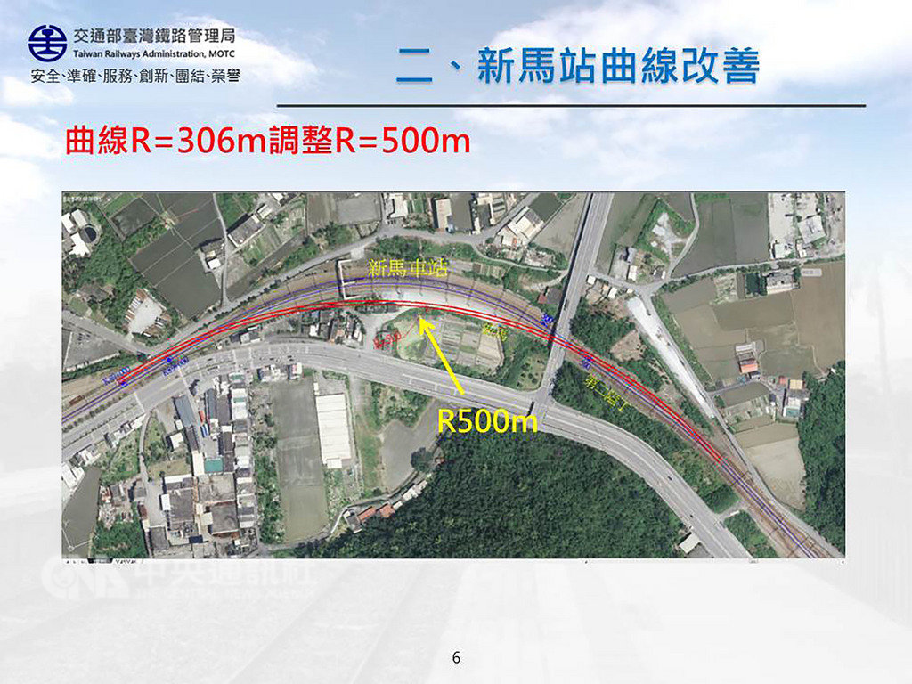 台鐵普悠瑪列車2018年在宜蘭新馬站附近發生出軌翻車,造成嚴重傷亡。根據台鐵工務處規劃,新馬站路段的曲線半徑將由306公尺擴大為500公尺,速度也可從原本時速65公里提升為85公里。(台鐵提供)中央社記者汪淑芬傳真 108年1月14日