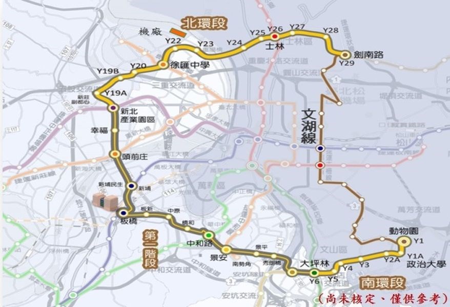 北捷環狀線第一期自新北市新店區大坪林站至新莊區新北產業園區站,沿線有大坪林站、十四張站、秀朗橋站、景平站、景安站、中和站、橋和站、中原站、板新站、板橋站、新埔民生站、頭前庄站、幸福站與新北產業園區站。(圖取自台北市政府捷運工程局網頁)