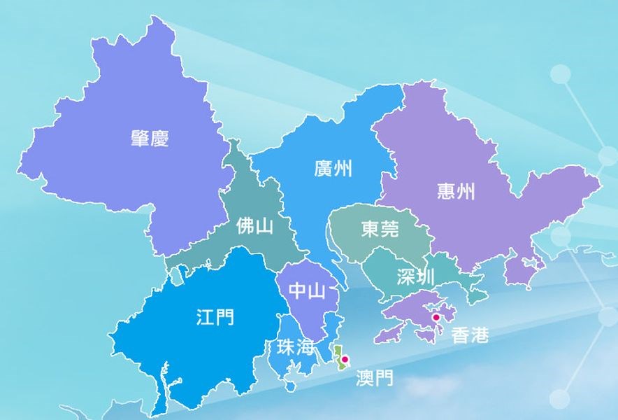 粵港澳大灣區發展規劃綱要18日出爐。圖為大灣區計畫發展城市區域。(圖取自粵港澳大灣區網頁www.dsec.gov.mo)