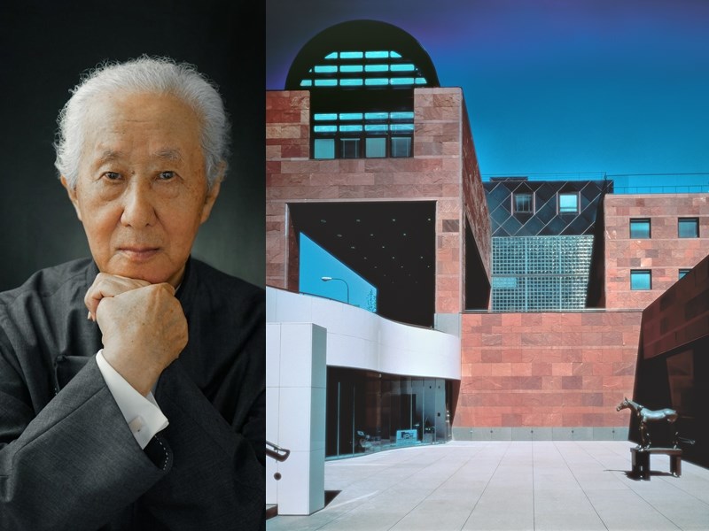 日本建築師磯崎新獲頒有「建築界諾貝爾獎」之譽的普利茲克建築獎。圖右為他的第一個國際項目洛杉磯當代藝術博物館。(圖取自網頁pritzkerprize.com)