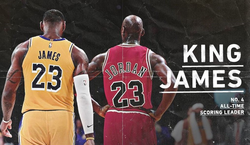 NBA「詹皇」詹姆斯6日一記切入上籃得手,讓他的生涯總得分超越前芝加哥公牛「籃球大帝」喬丹,獨居史上第4傑。(圖取自twitter.com/lakers)