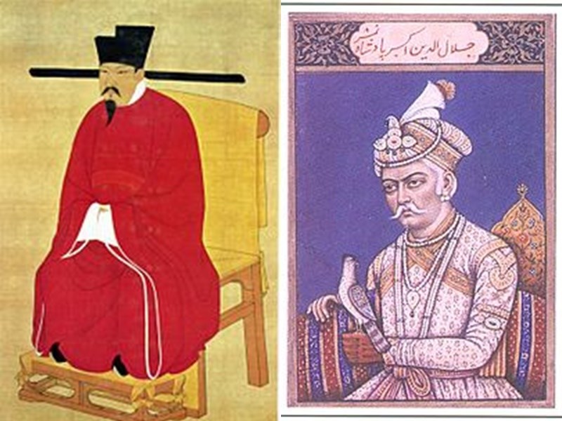 第3名是北宋第6代皇帝,宋神宗趙頊(左);蒙兀兒帝國最偉大的皇帝阿克巴(右)是第4名。(圖取自維基共享資源,版權屬公眾領域)