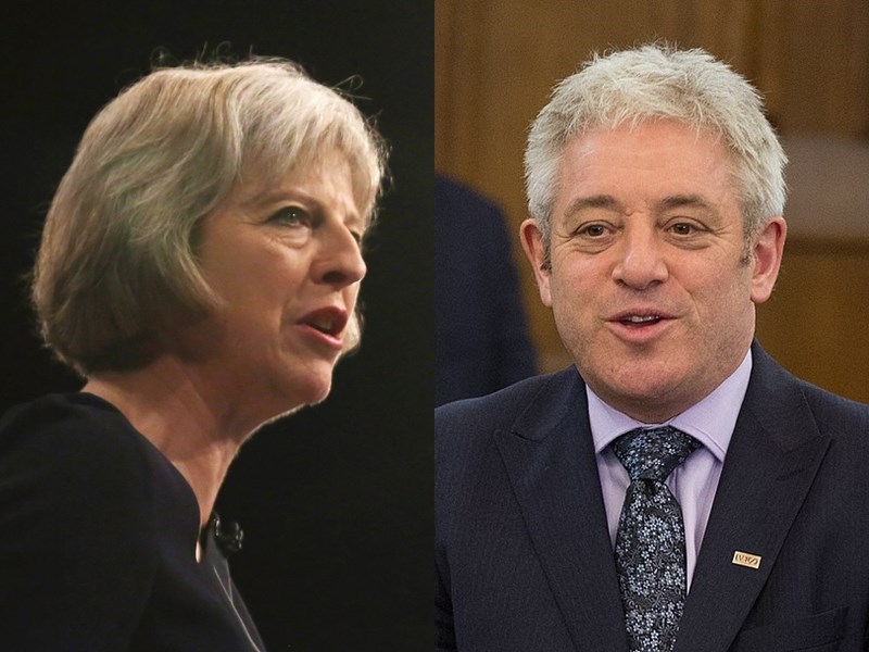 英國國會27日晚間針對脫歐前景選項進行表決,下議院議長貝爾考(右)挑出的8個選項中,沒有任何一項提案贏得多數票,脫歐再次陷入僵局。(左圖取自梅伊臉書;右圖取自維基共享資源,作者:Saeima,CC BY-SA 2.0)