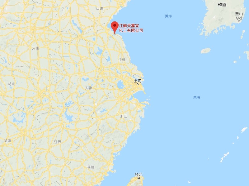 中國江蘇省鹽城市響水縣的天嘉宜化工有限公司21日下午發生爆炸。(圖取自Google地圖網頁google.com/maps)