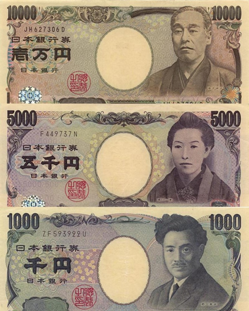 日本現行紙鈔肖像為福澤諭吉、樋口一葉與野口英世。上起依序為1萬、5000及1000元現行日圓紙鈔。(圖取自維基共享資源,版權屬合理使用範圍。)