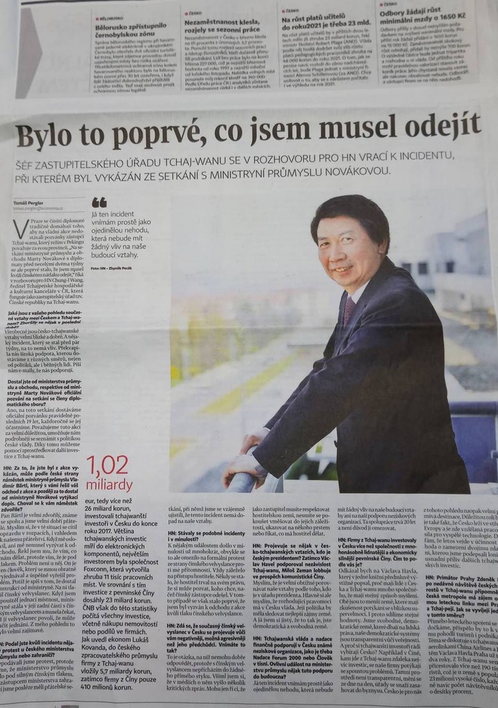 捷克大報經濟日報9日刊出駐捷克代表汪忠一的專訪,他表示雖然因中國施壓而被迫離開貿工部主辦的會議,但這起風波不至於影響兩國關係。(駐捷克代表處提供)中央社記者林育立柏林傳真 108年4月11日