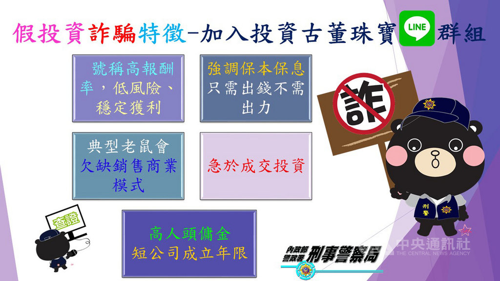 近來詐騙集團透過LINE群組遊說投資高報酬率標的行騙,刑事局提醒,民眾可留意詐騙投資5項特徵,分別為「號稱高報酬率,低風險、穩定獲利」、「強調保本保息,只需出錢不需出力」、「典型老鼠會態樣,欠缺銷售商業模式」、「急於成交投資」、「高人頭傭金,短公司成立年限」。(刑事局提供)中央社記者黃麗芸傳真 108年4月13日
