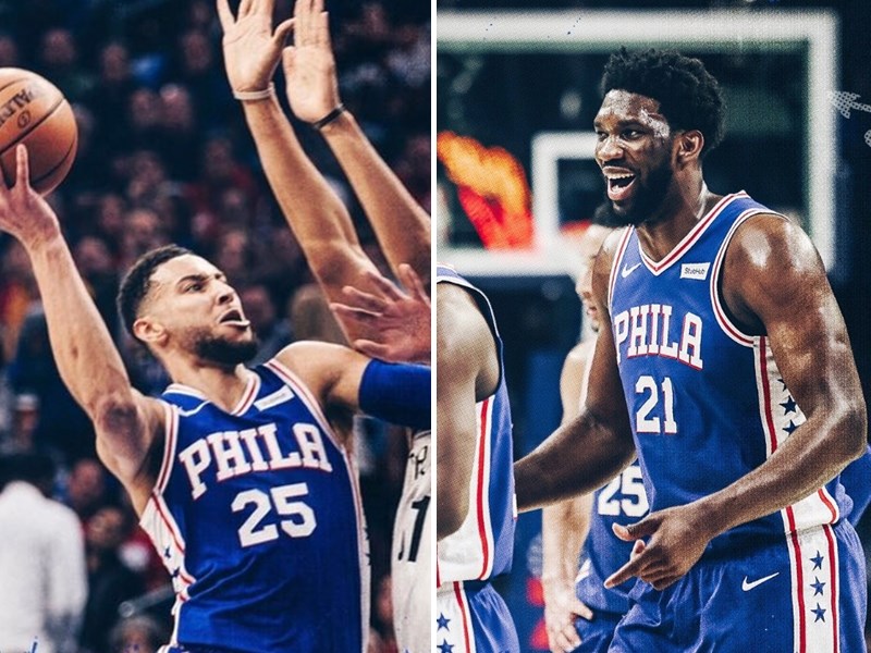 NBA季後賽首輪第2戰,費城76人在恩比德(右)與西蒙斯(左)合攻下,痛宰布魯克林籃網隊。(圖取自twitter.com/sixers)