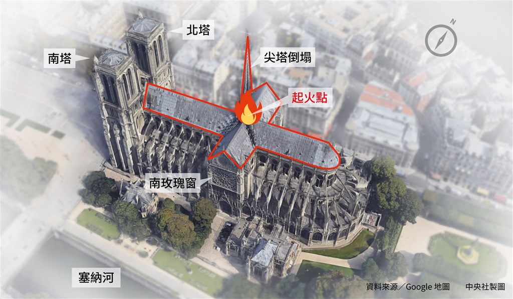 巴黎著名地標聖母院15日慘逢祝融肆虐,大火吞噬屋頂。(中央社製圖)