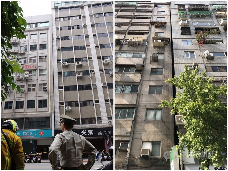 花蓮地區18日下午1時1分發生芮氏規模6.1地震,台北市震度達4級,位於長安東路二段一棟建築物(左)、信義路四段一棟建築物(右)震後發生傾斜狀況,警消獲報到場圍起封鎖線並疏散人群。(左為中央社記者郭日曉攝、右為消防局提供)