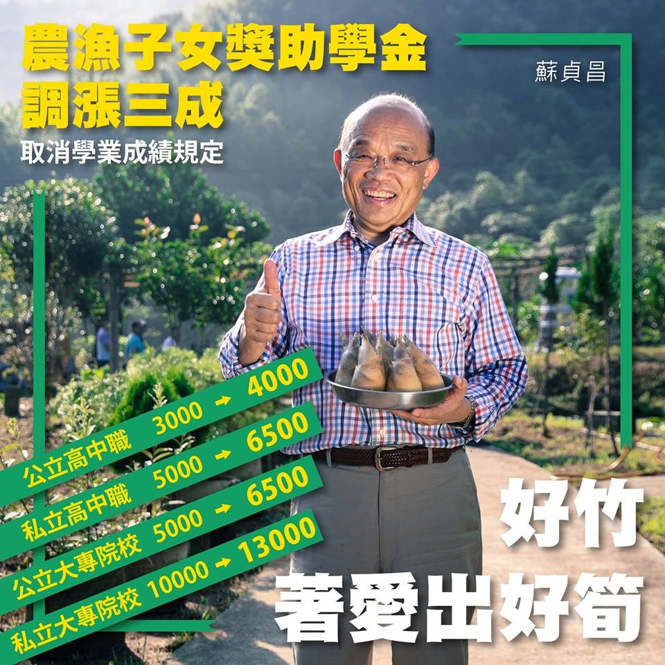 行政院長蘇貞昌20日表示,政府決定調增「農漁子女獎助學金」金額,並刪除原本申請的成績規定。(圖取自facebook.com/gogogoeball)