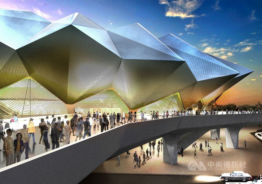 台北市文化局表示,台北流行音樂中心表演廳外觀設計成山脈(The Green Mountain),呼應遠處的南港山系,外觀搶眼度跟施工難度都高,總容納人數約6000人。圖為台北流行音樂中心表演廳視覺模擬圖。(台北市文化局提供)中央社記者陳怡璇傳真 108年4月21日