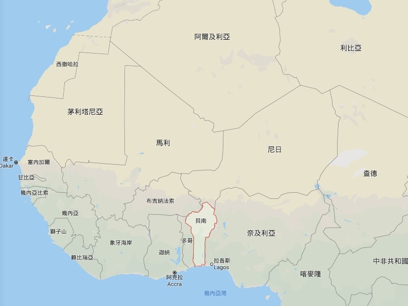 西非國家貝南(紅框處)和奈及利亞是人口販運的供應、轉運和目的國。(圖取自Google地圖網頁google.com/maps)