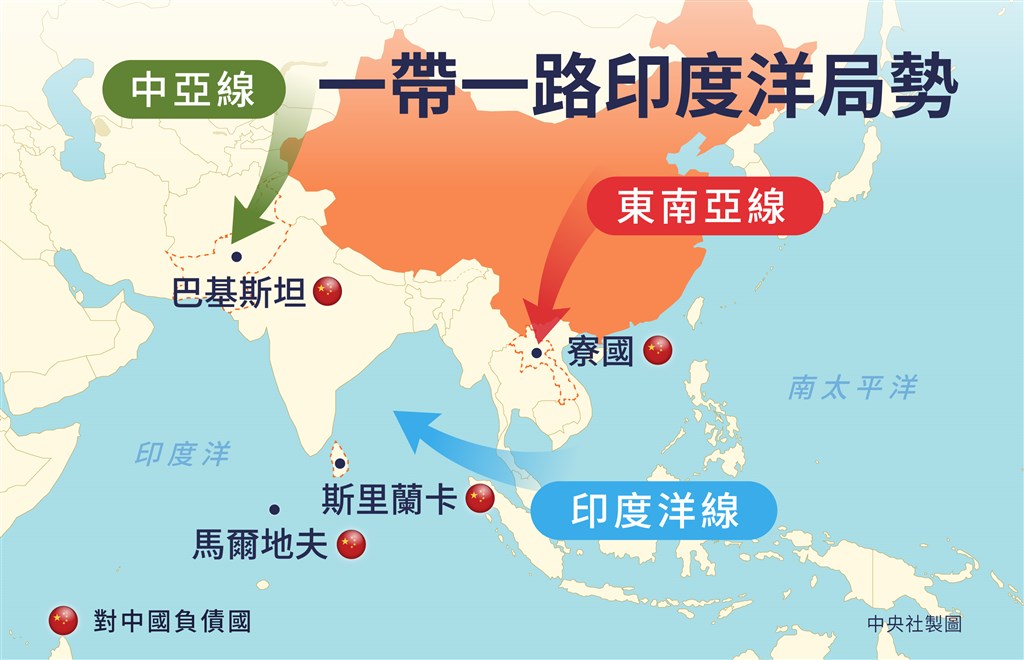 一帶一路推出6年以來,造成合作國家巨額債務和不時傳出賄賂醜聞,其中斯里蘭卡因無力償債而簽下99年租約,將一個重要港口交給中國業者經營。(中央社製圖)