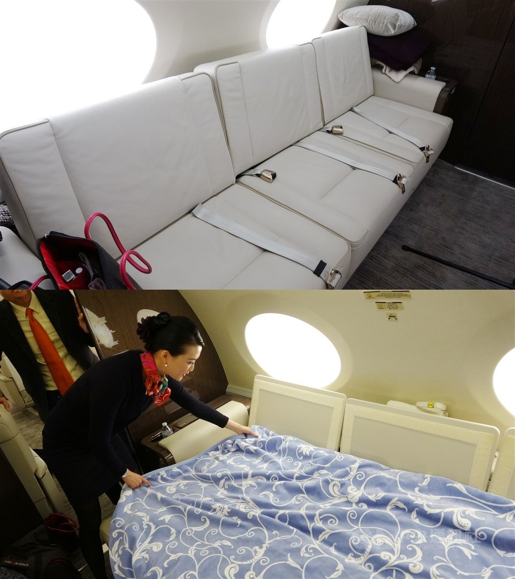 鴻海集團董事長郭台銘私人專機,後座可以鋪平成床,可以睡上3、4個大人。中央社記者江今葉密爾瓦基攝 108年5月3日