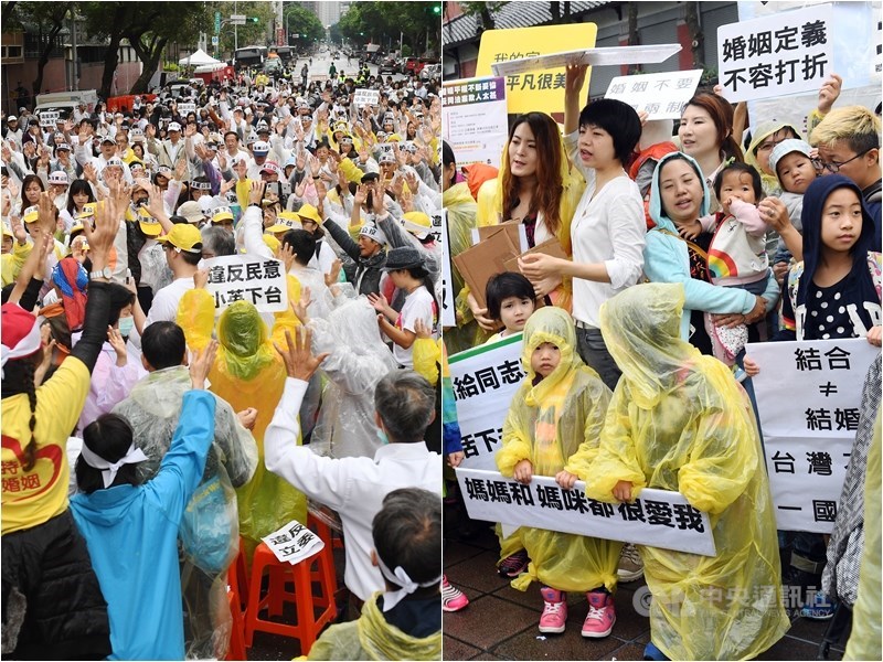 挺同與反同團體角力激烈,8日不約而同在立法院周邊集結,數百名幸福盟成員舉牌高呼「違反公投,立委下台」等口號(左圖)。台灣同志家庭權益促進會成員則持布條呼口號陳情,訴求同志家庭沒有不同,力挺行政院版同婚專法草案。中央社記者施宗暉攝 108年5月8日