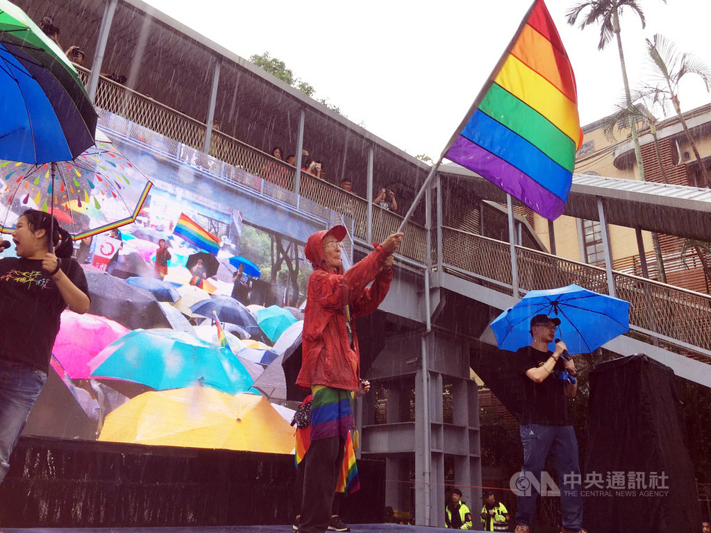 立法院會17日處理同婚專法草案,在二讀同性可辦結婚登記後,推動同志平權運動30多年的祁家威(中)也上台興奮揮舞彩虹旗。中央社記者吳欣紜攝 108年5月17日