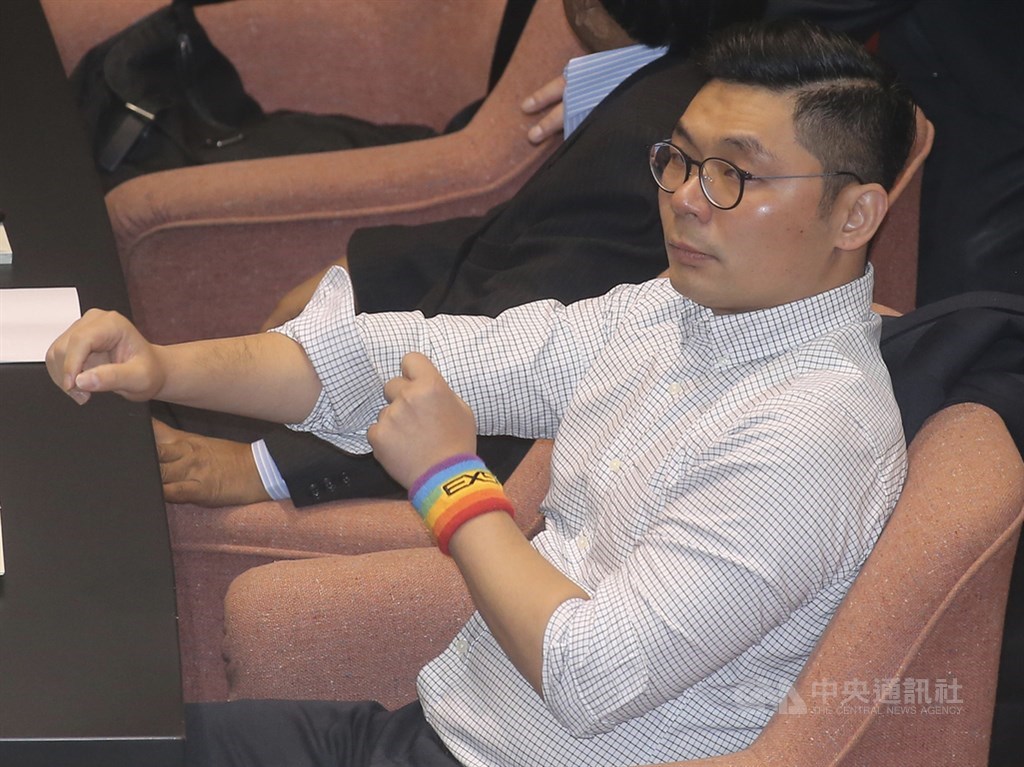 立法院會17日處理同婚專法草案,朝野黨團發布甲級動員,捍衛各別支持的版本,力拚全案三讀;國民黨立委許毓仁戴上彩虹配件吸引目光。中央社記者徐肇昌攝 108年5月17日