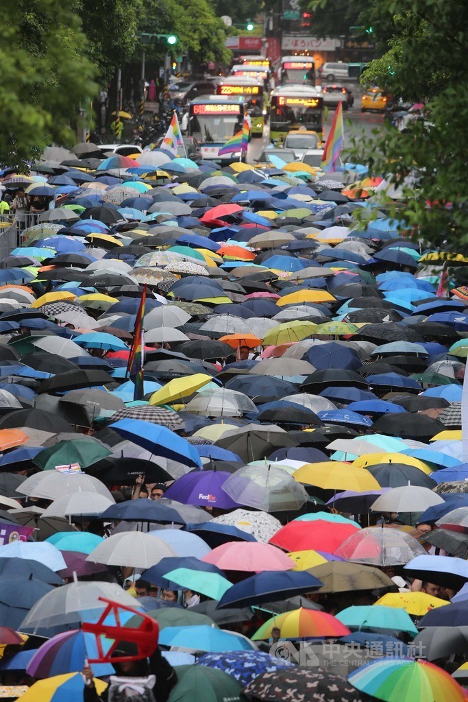 雖然場外下著大雨,但仍澆不熄民眾熱情,從表決名稱開始,當場外直播螢幕播放著綠色同意票一票票亮起,現場群眾也跟著聲聲高呼。中央社記者徐肇昌攝 108年5月17日