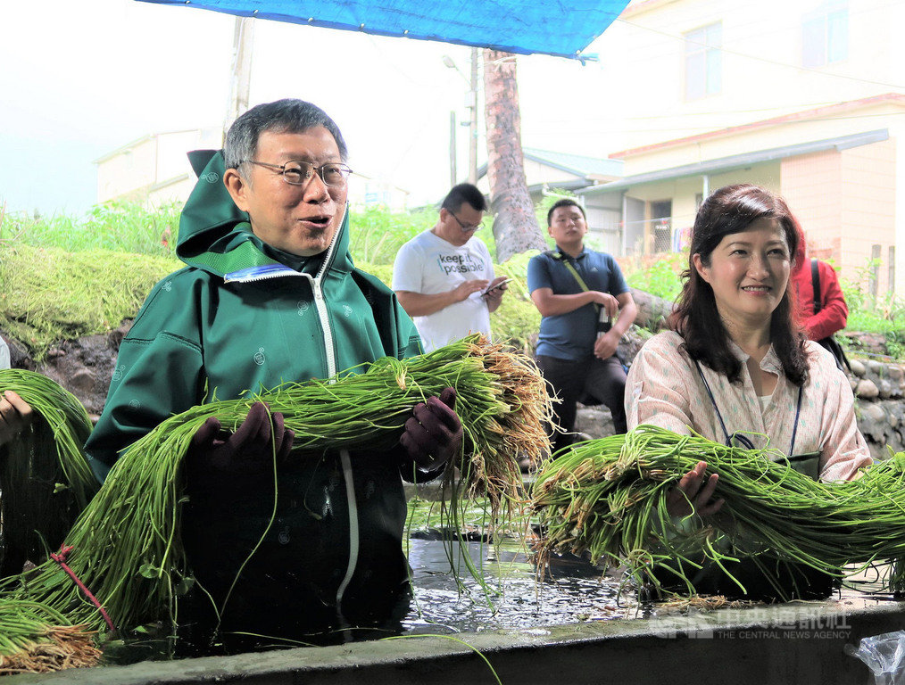 台北市長柯文哲(左)18日南下高雄到美濃參訪水蓮農家,體驗水蓮栽種及了解水蓮清洗方式。中央社記者王淑芬攝 108年5月18日