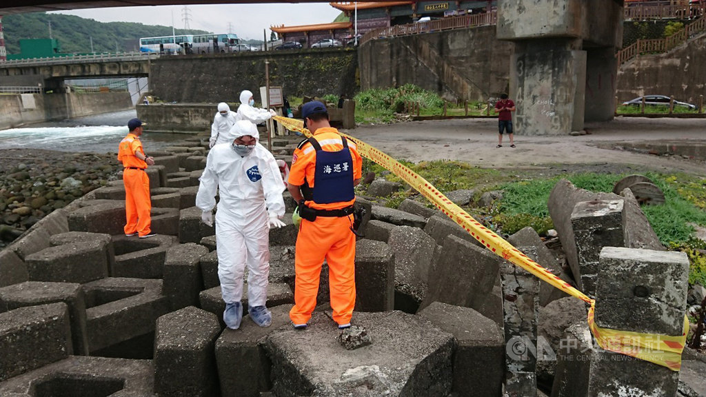 新北市石門區19日有民眾發現一具疑似豬隻屍體卡在消波塊,岸巡立刻派員前往封鎖現場,經動保處人員到場檢驗,確認屍體為犬隻動物。(海巡署第二巡防區提供)中央社記者王朝鈺傳真 108年5月19日