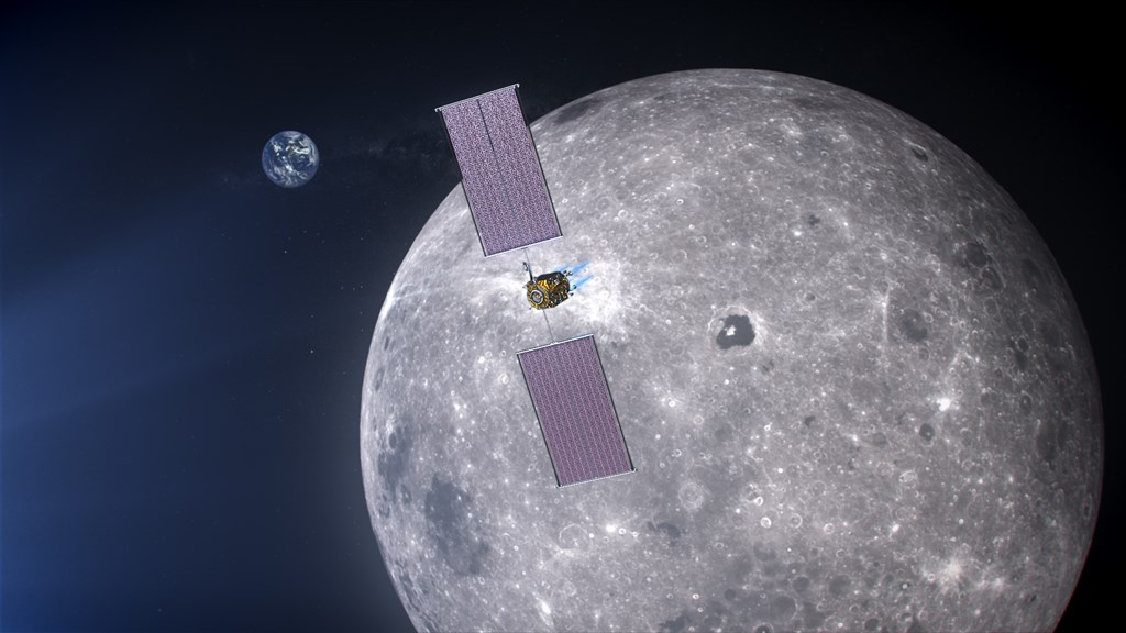 NASA 23日揭露半世紀來首次將太空人重新送上月球的阿提米絲的計畫時間表。圖為迷你太空站「匝道」的模擬圖。(圖取自NASA網頁nasa.gov)