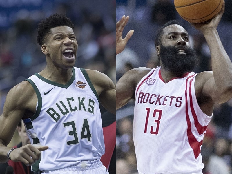 NBA年度第一隊名單出爐,「字母哥」安特托昆博(左)、「大鬍子」哈登(右)獲全票支持。(圖取自維基共享資源;作者Keith Allison,CC BY-SA 2.0)