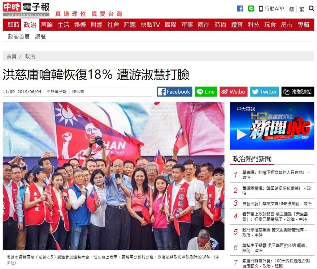 中時電子報報導韓國瑜凱道造勢後續新聞,圖說提及「恢復被蔡政府年改刪除的18%」。中央社聲明表示,此照片來源是中央社,但圖說是由中時電子報撰寫。(圖取自中時電子報網頁www.chinatimes.com)
