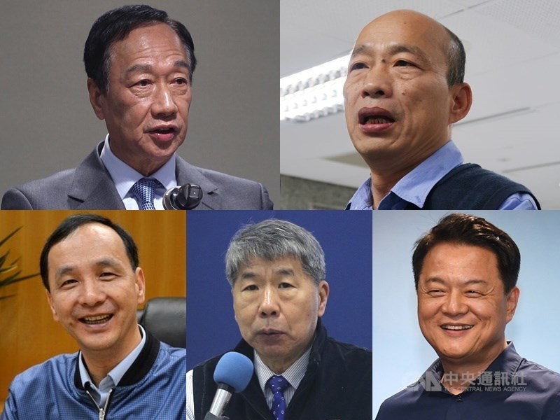 國民黨總統初選民調8日開始,黨主席吳敦義形容這是黨史上最大規模、最關鍵的初選民調,黨中央將總動員備戰。圖為參選人鴻海董事長郭台銘(左上)、高雄市長韓國瑜(右上)、前新北市長朱立倫(左下)、孫文學校總校長張亞中(中下)及前台北縣長周錫瑋(右下)都將出席。(中央社檔案照片)