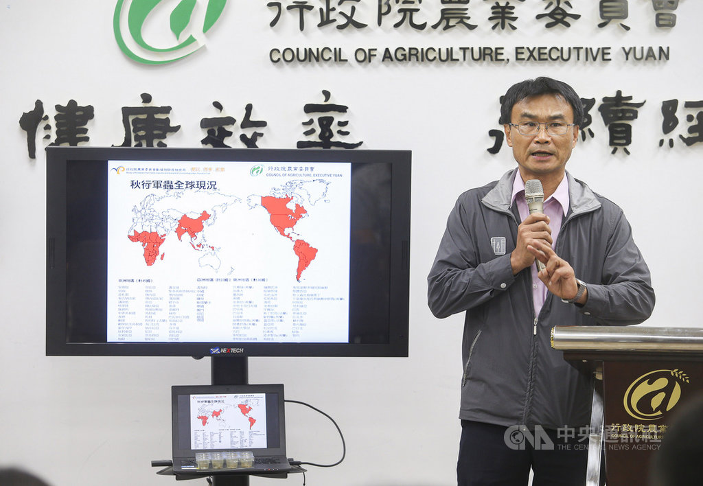 台灣多處陸續傳出發現疑似秋行軍蟲,農委會12日下午舉行「秋行軍蟲疫情處理說明」記者會,農委會主委陳吉仲說明通報機制及相關防疫措施。中央社記者謝佳璋攝 108年6月12日