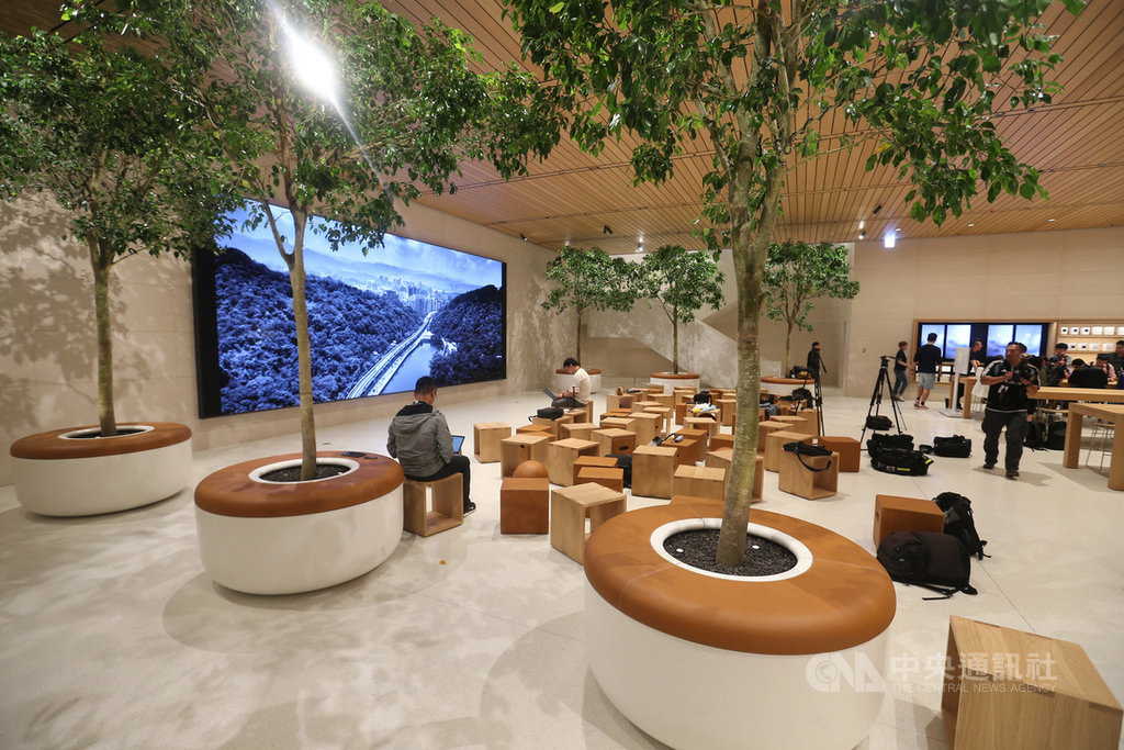 台北第2家蘋果直營店「Apple信義A13」將在15日開幕,地下一樓空間有6棵樹木裝飾。中央社記者徐肇昌攝 108年6月13日