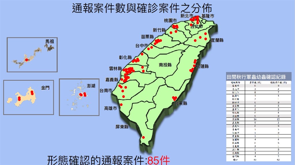截至18日11時民眾通報秋行軍蟲幼蟲發生案例經形態鑑定確定計85件。(農委會提供)