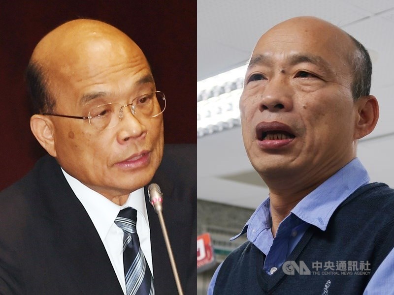 行政院長蘇貞昌(左)18日受訪表示,高雄市長韓國瑜(右)連一隻蚊子都治不好,還想治國,這樣會不會荒唐。(中央社檔案照片)