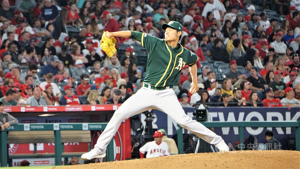 效力奧克蘭運動家的台灣左投王維中(圖)27日客場出賽,面對洛杉磯天使主場的強打者,投2.1局無失分,三振大谷翔平在內的3名打者。中央社記者林宏翰洛杉磯攝 108年6月28日