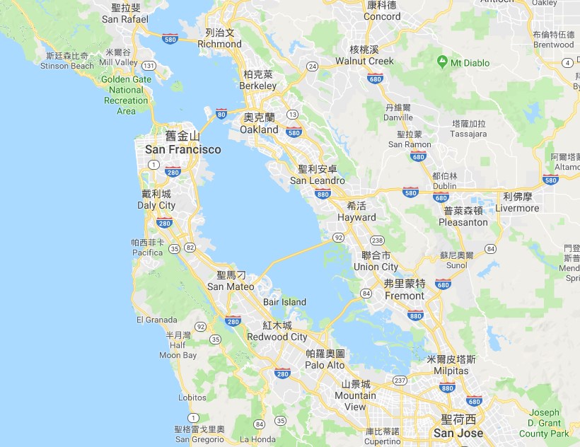 舊金山半島南端的聖荷西市有高科技事業雲集的矽谷。(圖取自google地圖)