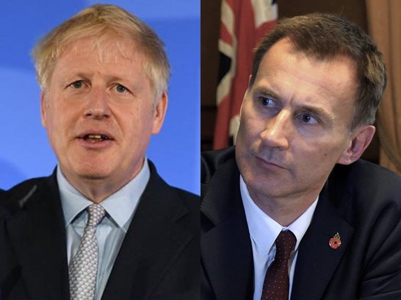 爭取英國首相大位的前外相強生(左)與現任外相韓特(右)9日針對脫歐議題,在電視辯論會上唇槍舌戰。(左圖取自facebook.com/borisjohnson、右圖取自facebook.com/jeremyhuntsws)
