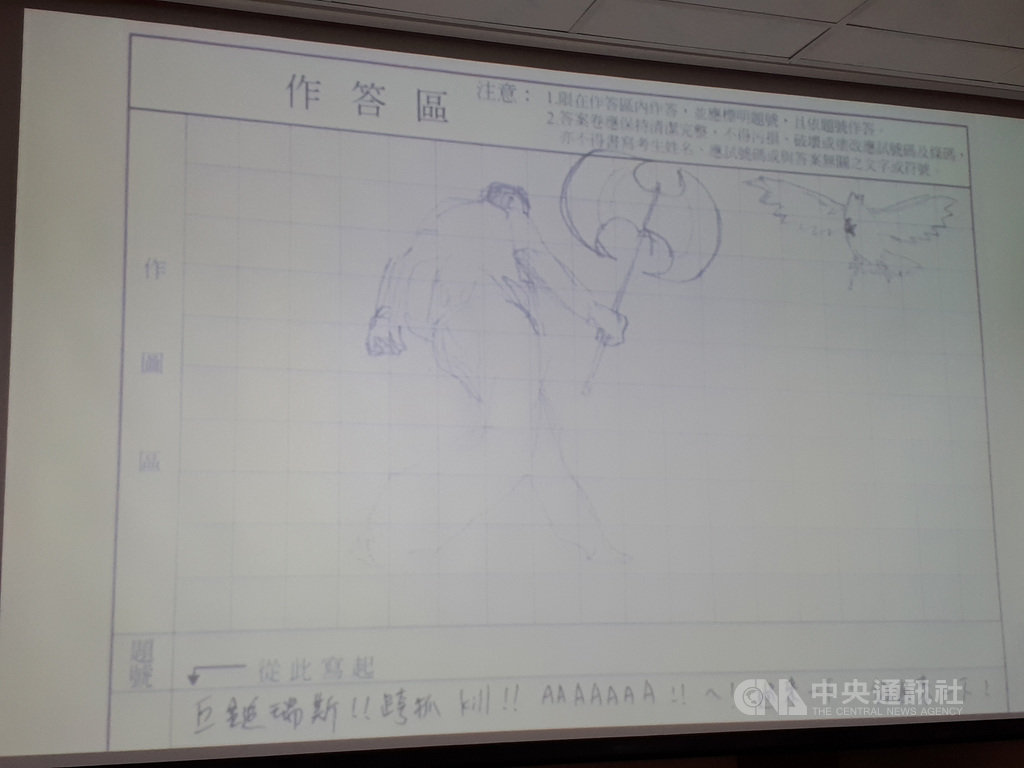 大考中心15日審議指考違規,有考生在試卷塗鴉,畫線上遊戲英雄聯盟角色達瑞斯,將依試場規則,扣該節2分。中央社記者許秩維攝 108年7月15日