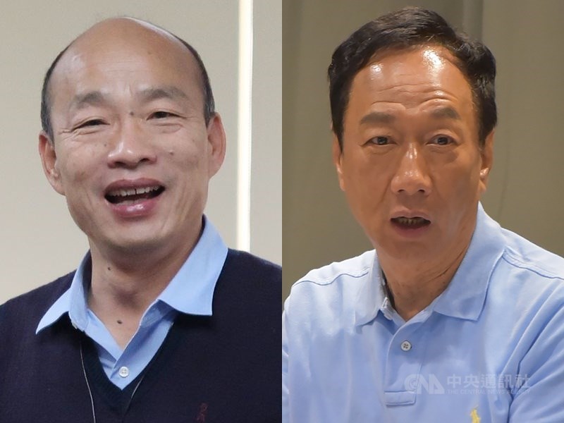 高雄市長韓國瑜(左)在國民黨總統初選民調勝出,前鴻海董事長郭台銘(右)雖然主打經濟牌,但死忠韓粉已成黨內主流,終究以顯著差距落敗。(中央社檔案照片)