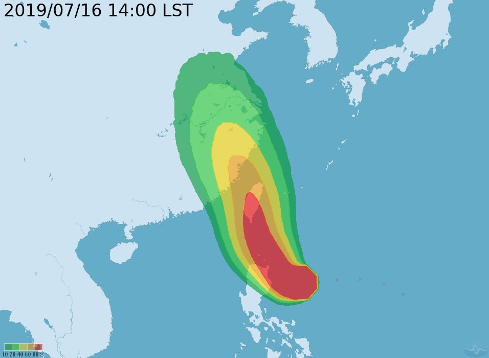 圖為颱風丹娜絲暴風圈侵襲機率。(圖取自氣象局網頁www.cwb.gov.tw)