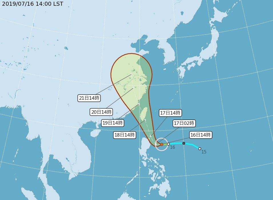 輕度颱風丹娜絲16日下午在菲律賓東方海面生成,預計將朝西北西移動,逐漸接近台灣。(圖取自氣象局網頁www.cwb.gov.tw)